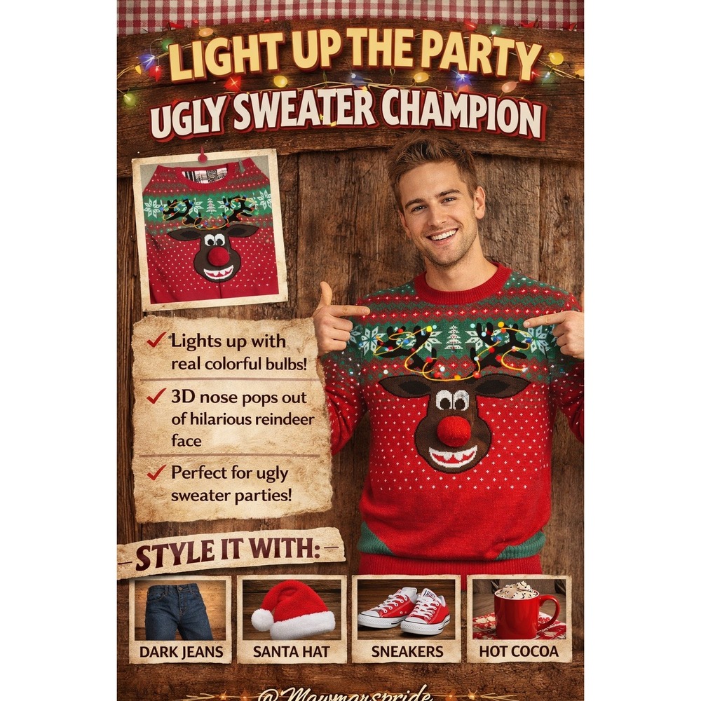 Ugly Christmas Sweater Mens Medium Reindeer Lights 3D Nose Knit Pullover‎ Retro